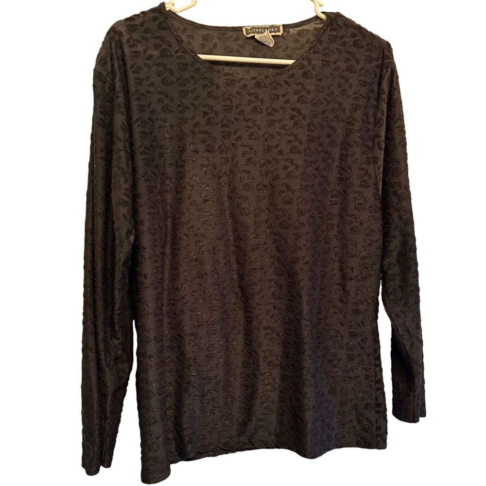 Lifescapes Black Floral Burnout velvet Long Sleeve Top XL Vintage Blouse Y2K 90s